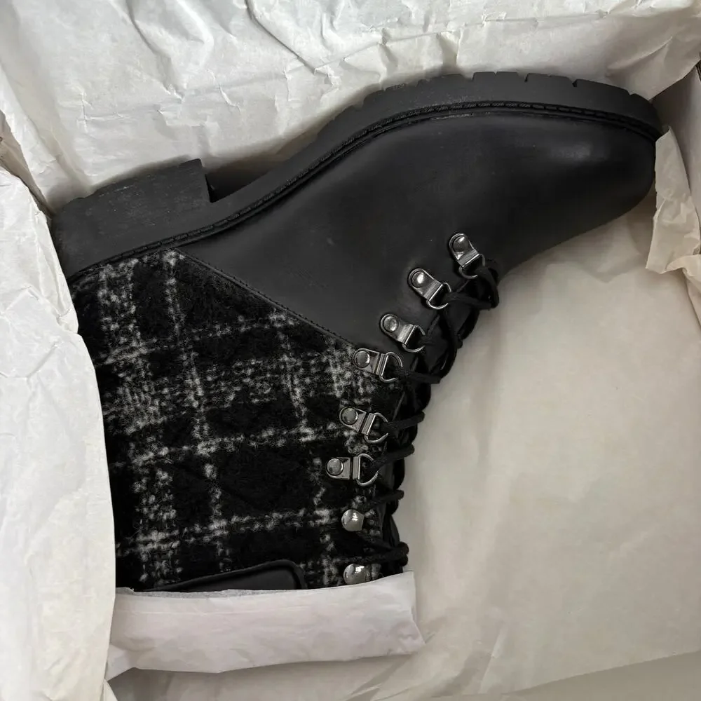 Marc Fisher Lanzia Combat Leather Boots 13 Black NWT Plaid Academia Prep Y2K 90s